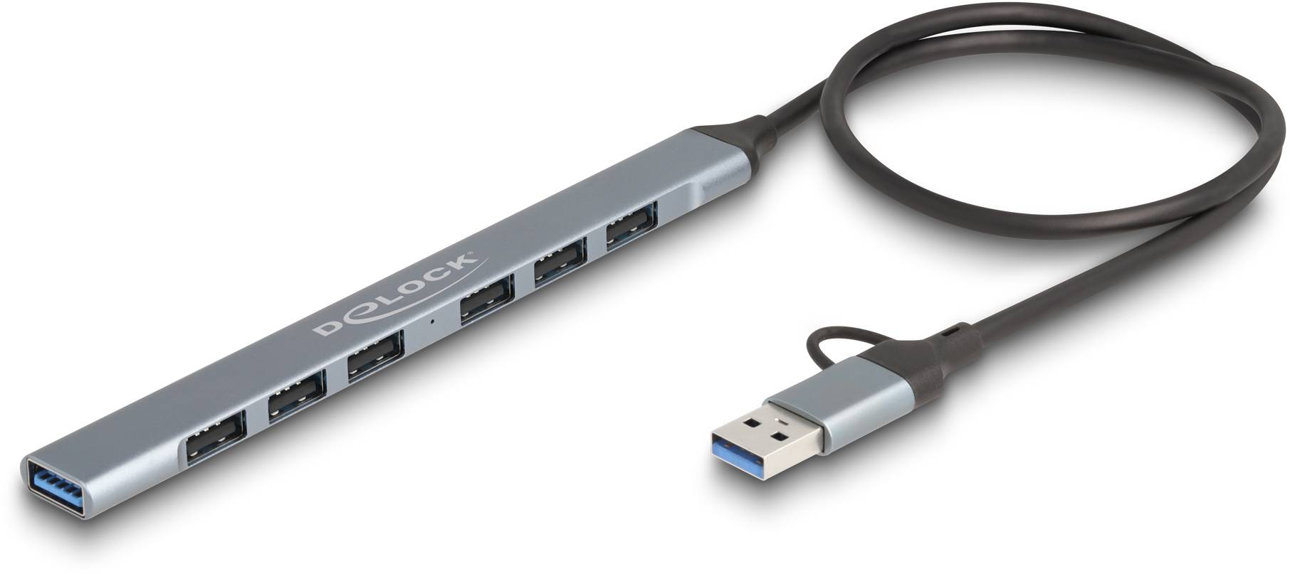 USB-концентратор Delock 64273 с 7 портами USB-A, USB 3.2 Gen1, 5 Гбит/с и разъемом USB-C, серый, модель 64273.