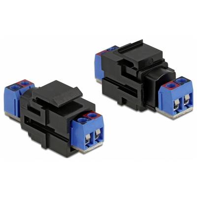 Dwa czarne i niebieskie złącza elektryczne dla obwodów elektrycznych na jasnym tle, ukazujące szczegóły zacisków przyłączeniowych.