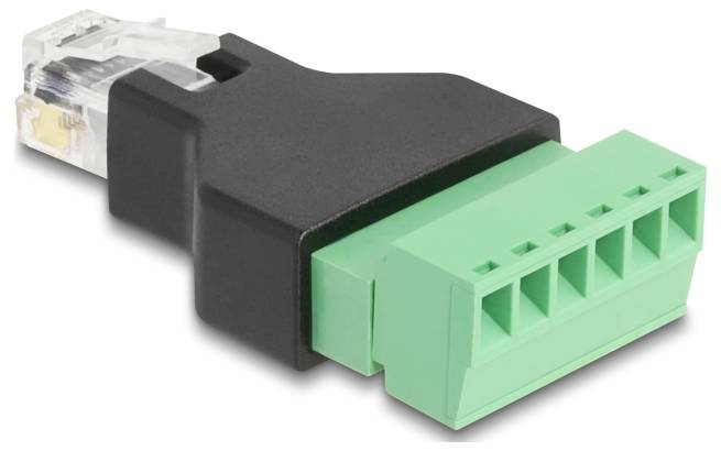 Adapter z wtyczką RJ45 i zielonym, sześciobiegunowym wtykiem, używany do podłączania urządzeń sieciowych do określonych złączy.