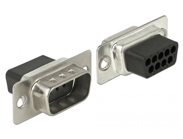 Dwa prostokątne, metalowe złącza z czarną obudową z tworzywa sztucznego, wyposażone w wiele styków; służą do połączeń elektrycznych.