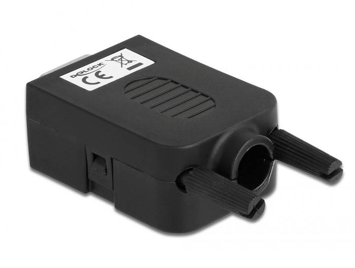 Czarny adapter z dwoma złączami kablowymi i oznakowaniem CE leży płasko na powierzchni.