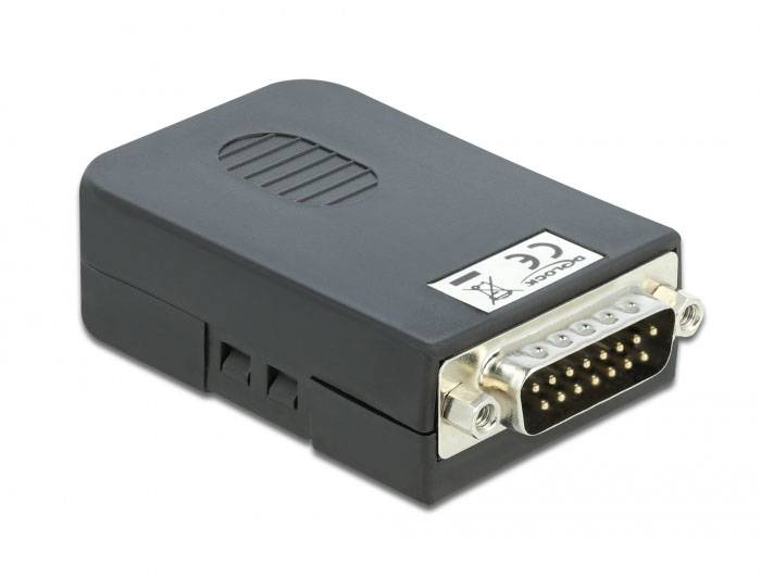 Czarny adapter VGA do HDMI z wtyczką VGA i złączem HDMI, służący do podłączania starszych urządzeń do nowoczesnych wyświetlaczy.