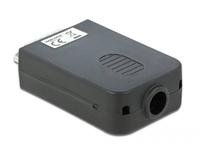 Czarny adapter o zaokrąglonych krawędziach z wtyczką po jednej stronie. Widoczna naklejka z oznaczeniem CE i kodem kreskowym.