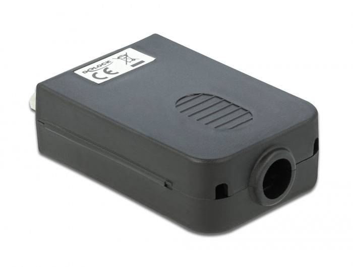 Prostokątne czarne urządzenie elektryczne z gniazdem z tyłu i znakiem CE na górnej powierzchni.