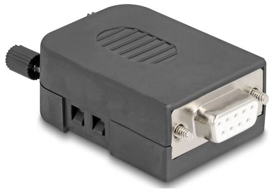 Czarny adapter z gniazdem VGA z przodu i nakrętką radełkowaną po lewej stronie umożliwia połączenie szeregowe.