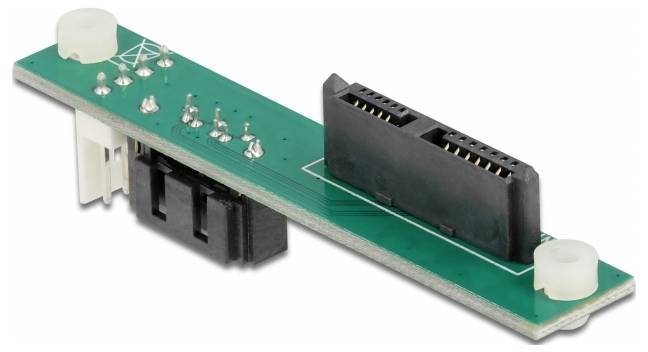 Zielona płytka drukowana z dwoma złączami danych po jednej stronie.