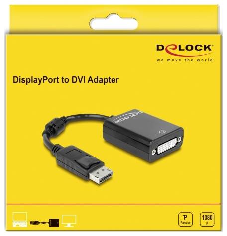 Opakowanie adaptera DisplayPort do DVI firmy Delock, przedstawiające adapter z portami DisplayPort i DVI, przydatny do przesyłania sygnału wideo w wysokiej rozdzielczości.