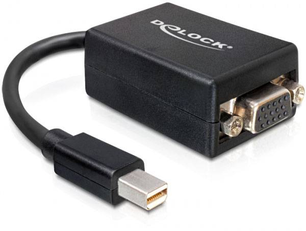 Adapter Mini DisplayPort na VGA. Adapter posiada czarny złącz kablowy oraz złącza VGA do monitorów lub projektorów.