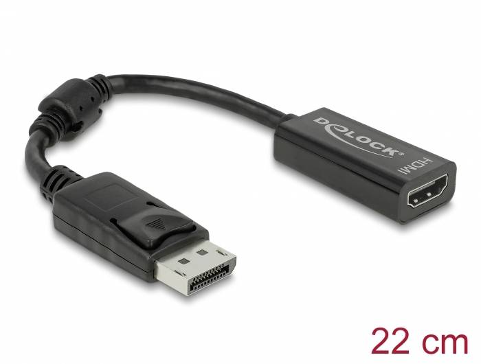 Czarny adapter z wtyczką DisplayPort i gniazdem HDMI, przeznaczony do łączenia urządzeń. Długość: 22 cm.