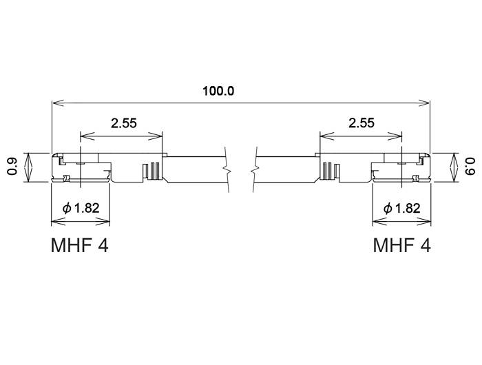 Rysunek techniczny kabla z dwoma złączami MHF 4. Długość: 100,0 mm. Średnica: 1,82 mm, Całkowita szerokość: 6,0 mm.