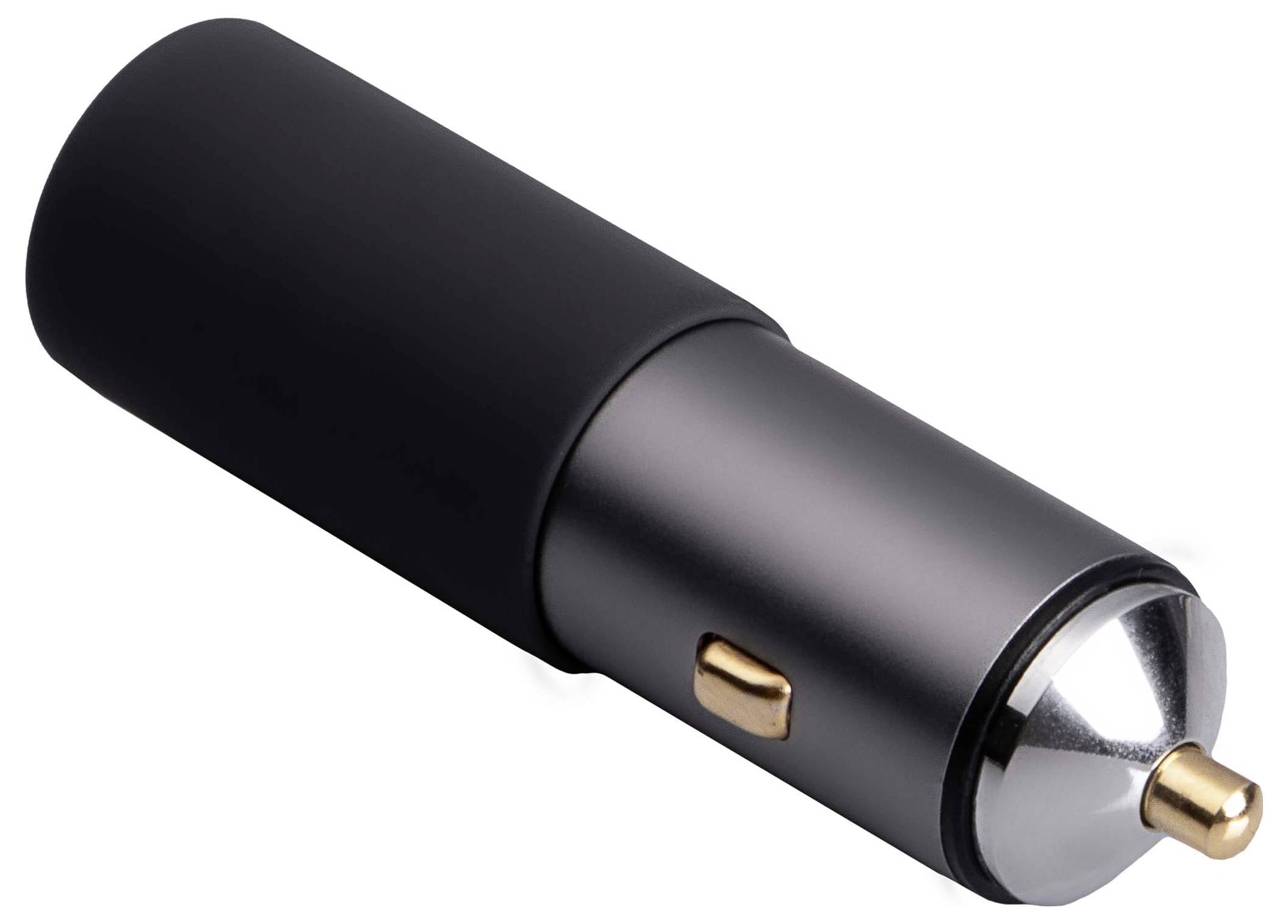 Czarna ładowarka samochodowa z srebrnym zakończeniem i złotym przełącznikiem, przeznaczona do podłączenia do gniazda zapalniczki w samochodzie.