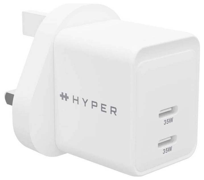 Białą ładowarkę USB z dwoma portami, oznaczoną napisem 'HYPER' i '35W' na każdym z gniazd.