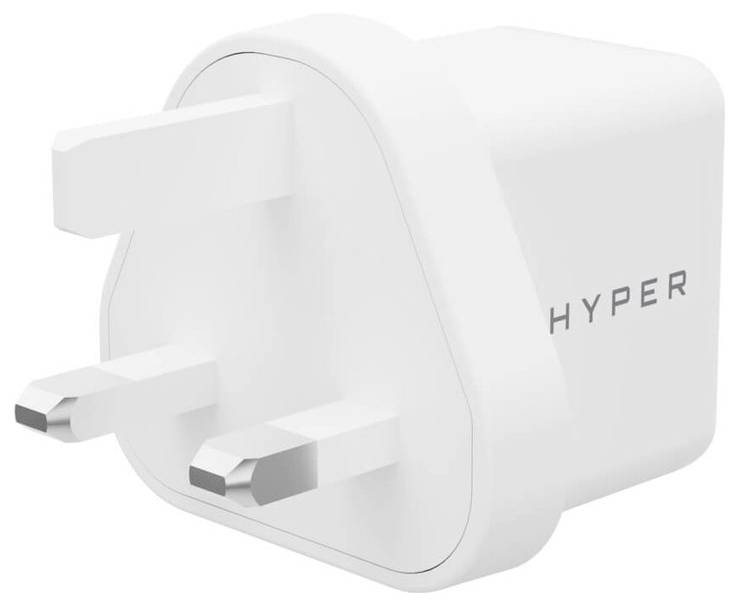 Biały adapter wtyczkowy z trzema wtyczkami z napisem 'HYPER' z boku.