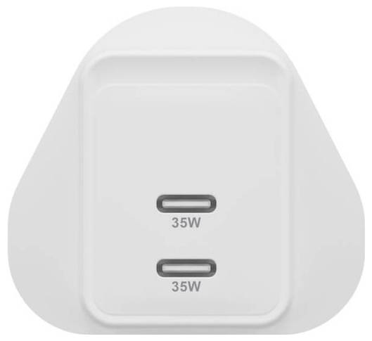 Białą ładowarkę z dwoma portami USB-C, oba oznaczone napisem '35W', przeznaczoną do szybkiego ładowania.