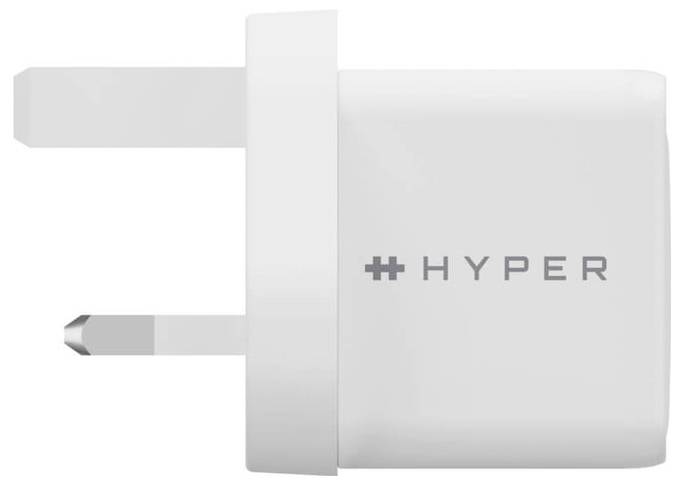 Biały adapter USB do ładowania z logo 'HYPER' na boku, przedstawiający dwa płaskie wtyczki do zasilania.