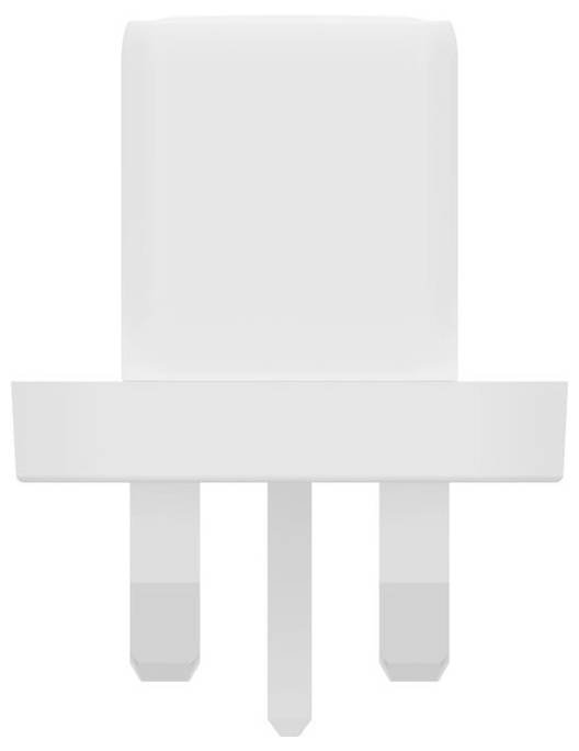 Obraz przedstawia biały adapter wtykowy trzypinowy, często stosowany w urządzeniach elektronicznych.