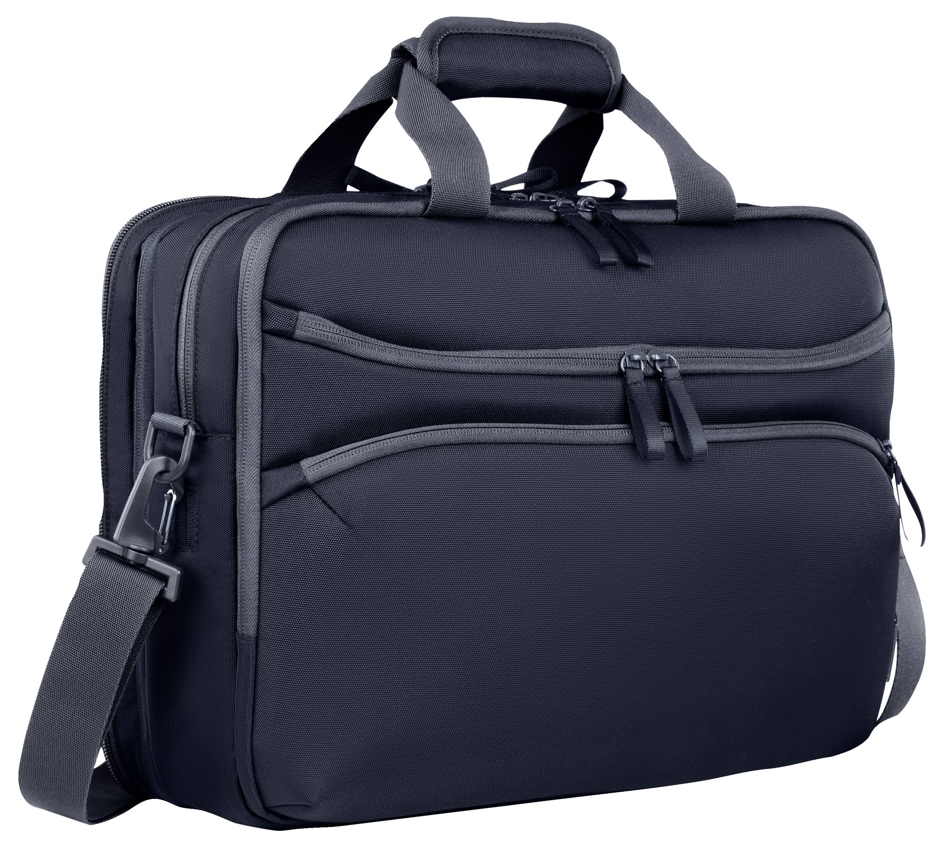 Czarna torba na laptopa z dwoma zamkami błyskawicznymi z przodu i paskiem na ramię, odpowiednia do użytku biznesowego lub podczas podróży.