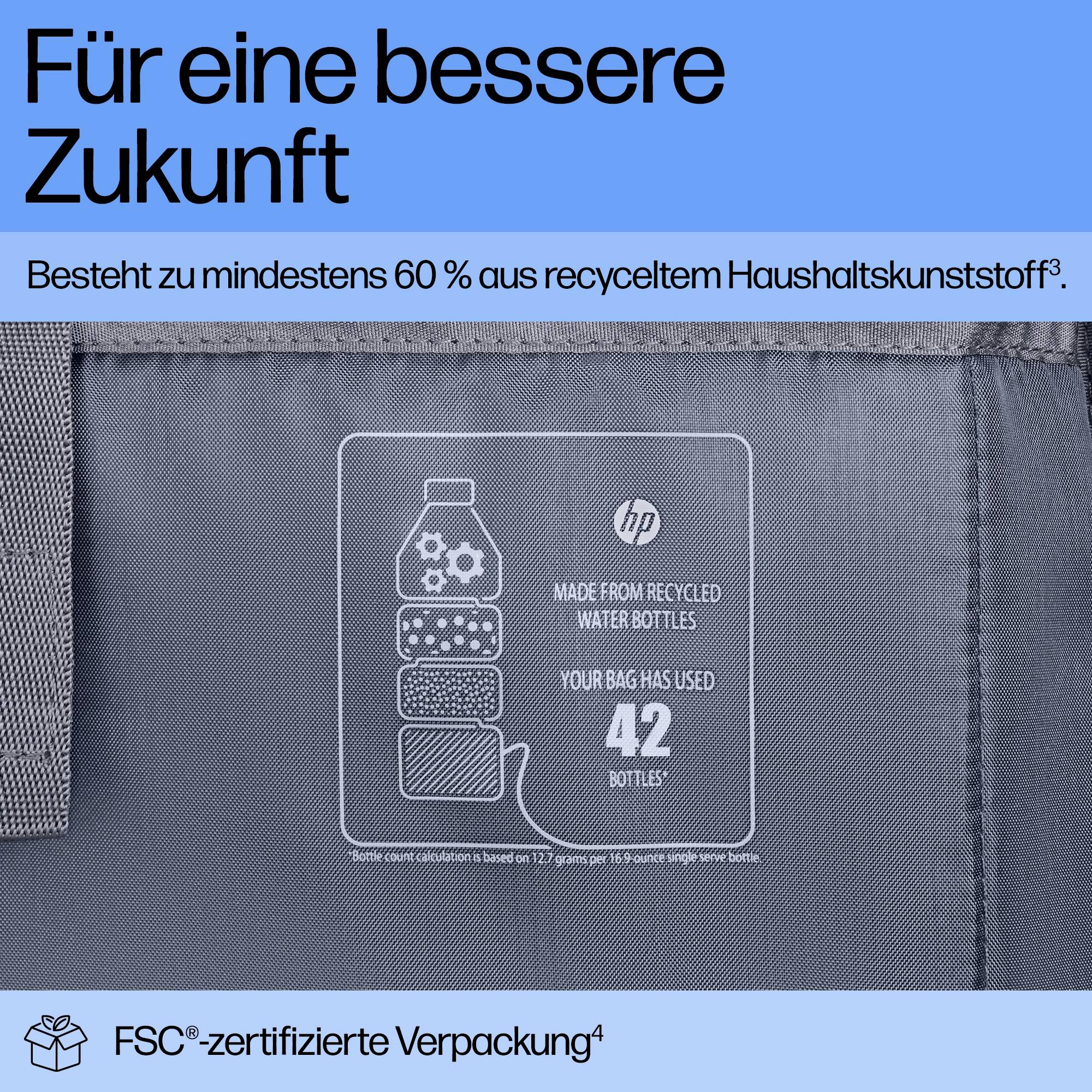 'Na lepszą przyszłość. Składa się w co najmniej 60% z przetworzonego plastiku z gospodarstw domowych.' Torba składana, opakowanie certyfikowane przez FSC.