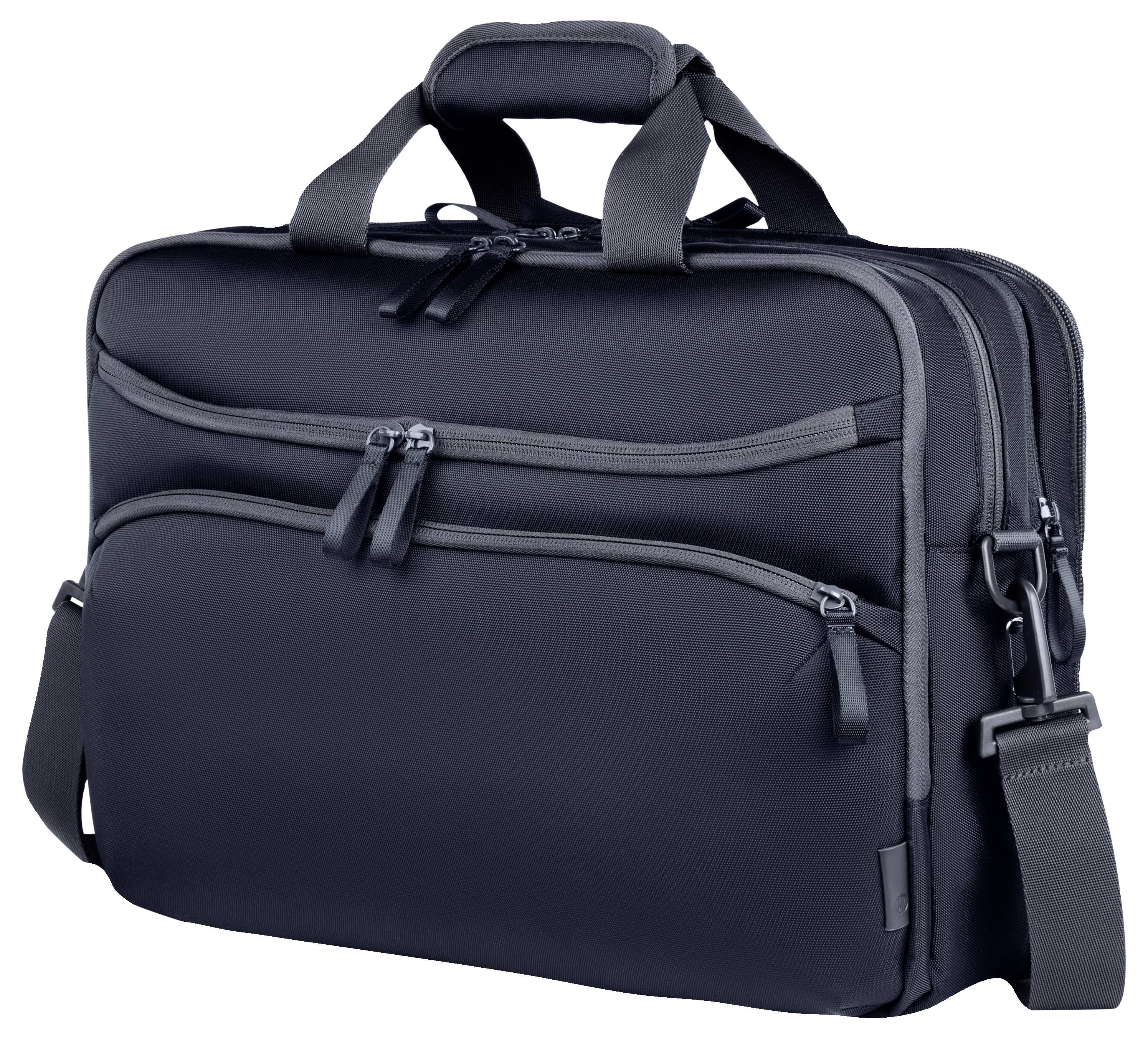 Czarna torba na laptopa z wieloma zamkami błyskawicznymi i regulowanym paskiem na ramię, odpowiednia do przewożenia urządzeń elektronicznych.