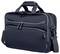Czarna torba na laptopa z wieloma zamkami błyskawicznymi i regulowanym paskiem na ramię, odpowiednia do przewożenia urządzeń elektronicznych.
