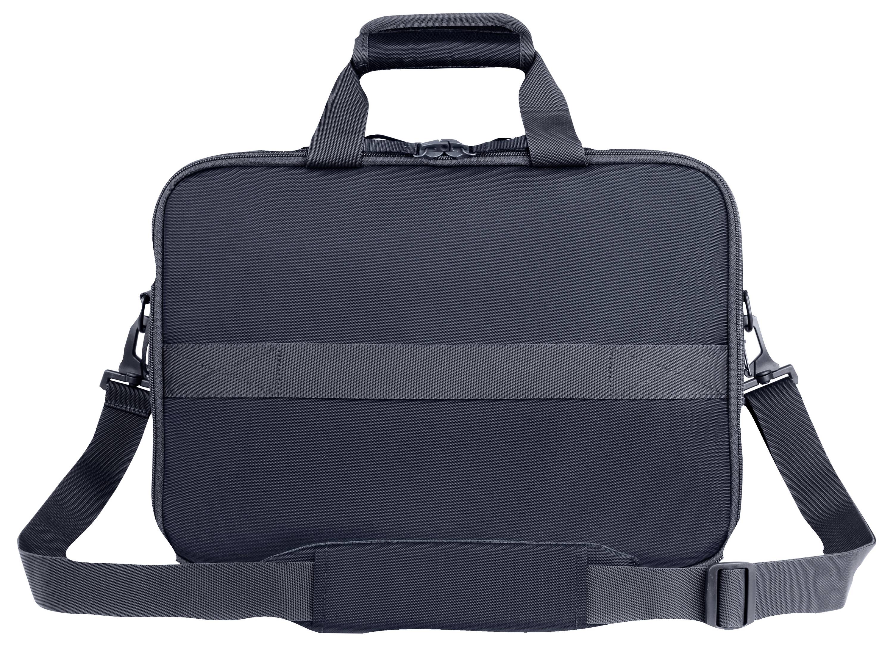 Czarna torba na laptopa z paskiem na ramię i uchwytem, o prostym designie, odpowiednia do przewożenia przenośnych urządzeń.