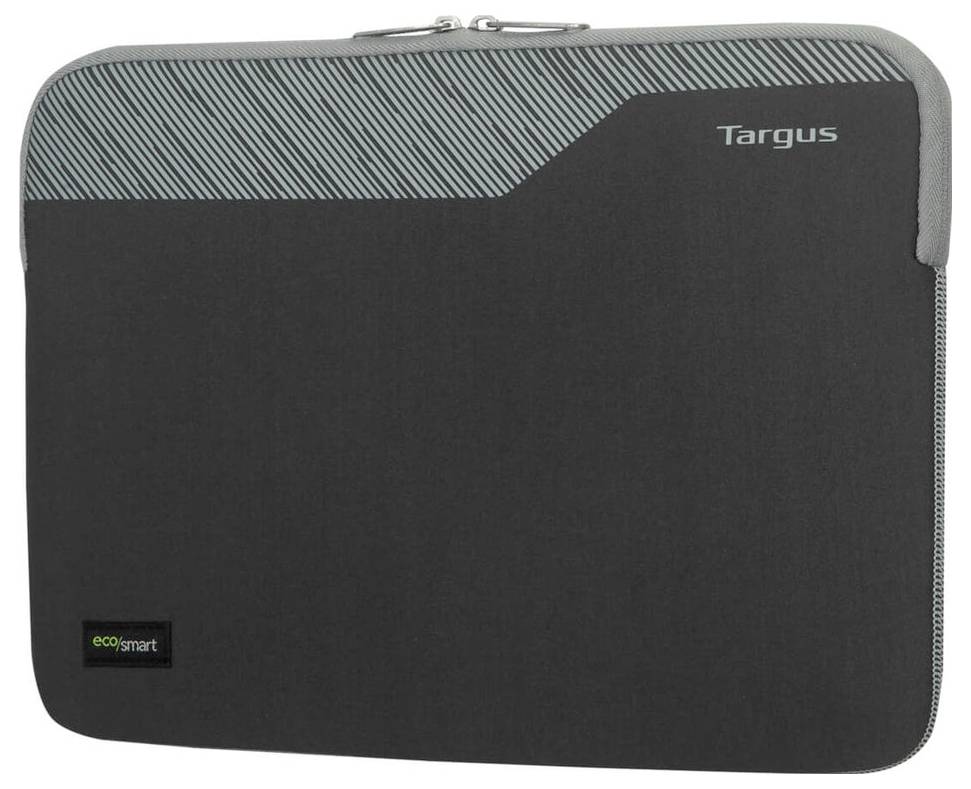 Czarna torba na laptopa z szarym wzorem paskowym na górze. Logo 'Targus' jest widoczne w górnym prawym rogu.
