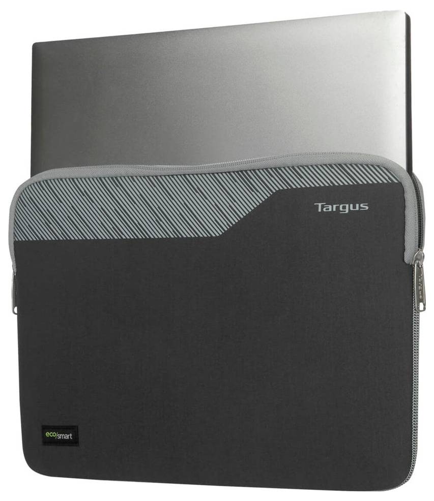 Czarna pokrowiec na laptopa z lekko wystającym laptopem. Projekt jest nowoczesny i minimalistyczny.