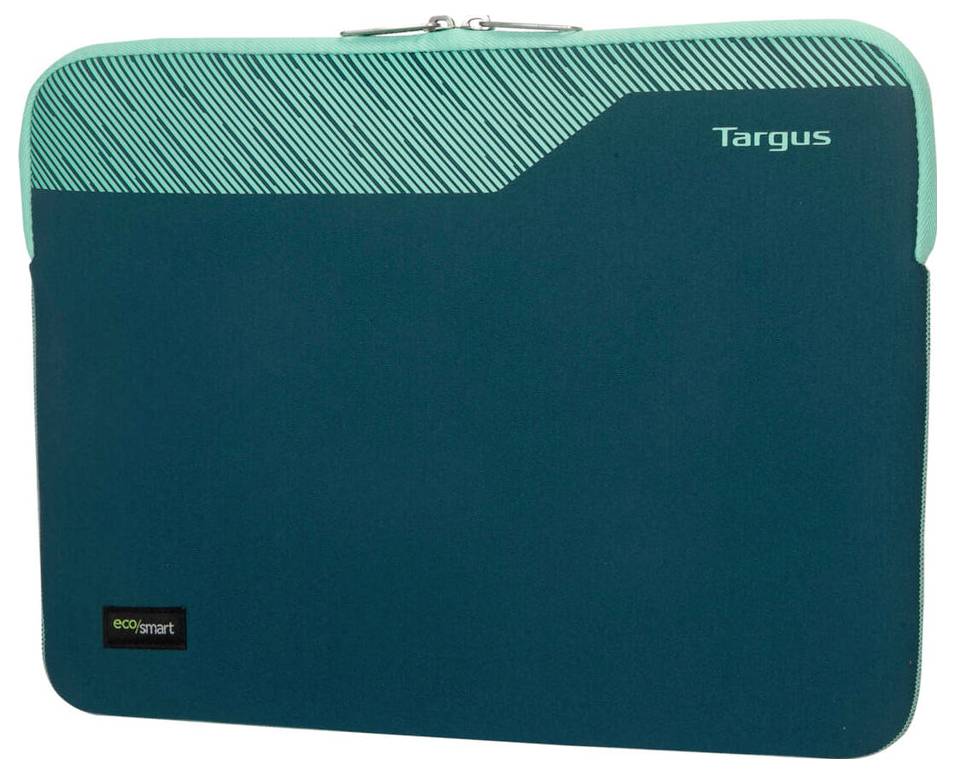 Turkusowa torba na laptopa marki 'Targus' z wbudowaną etykietą ecoSMART, o minimalistycznym designie z ukośnym wzorem pasków.
