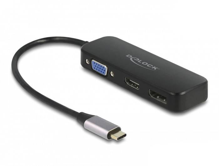 Czarny adapter USB-C z wyjściami HDMI, VGA i portami USB, przydatny do podłączania różnych urządzeń do komputera.