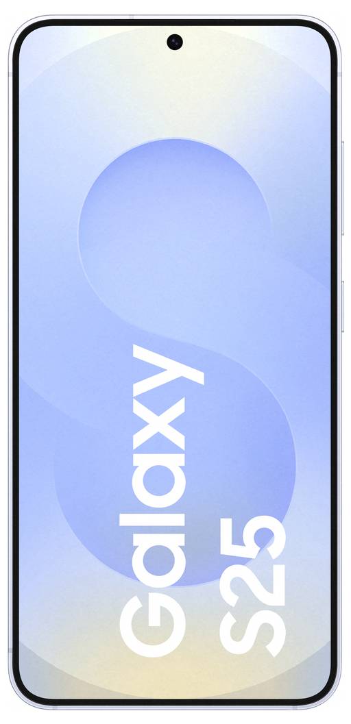 Smartfon z niebieskim tłem i dużym napisem 'Galaxy S25' na wyświetlaczu.