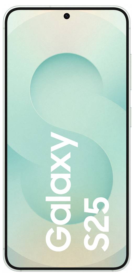 Smartfon z dużym wyświetlaczem, prezentujący tekst 'Galaxy S25' na tle w odcieniach niebieskiego i zielonego.