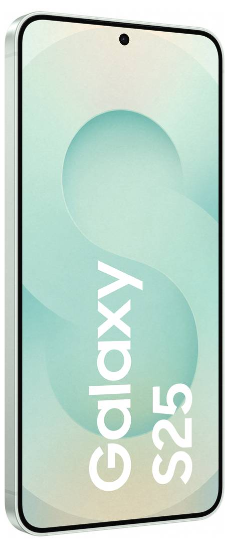 Smartfon o zakrzywionym designie w kolorze srebrnym, z napisem 'Galaxy S25'. Ekran wyświetla abstrakcyjny wzór w odcieniach niebieskiego i zielonego.