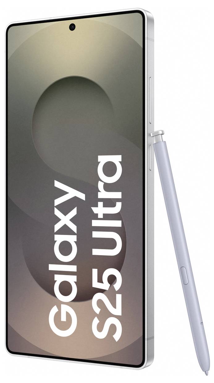 Smartfon 'Galaxy S25 Ultra' w srebrnej obudowie z rysikiem S Pen, wyświetlacz pokazuje napis 'Galaxy S25 Ultra'.