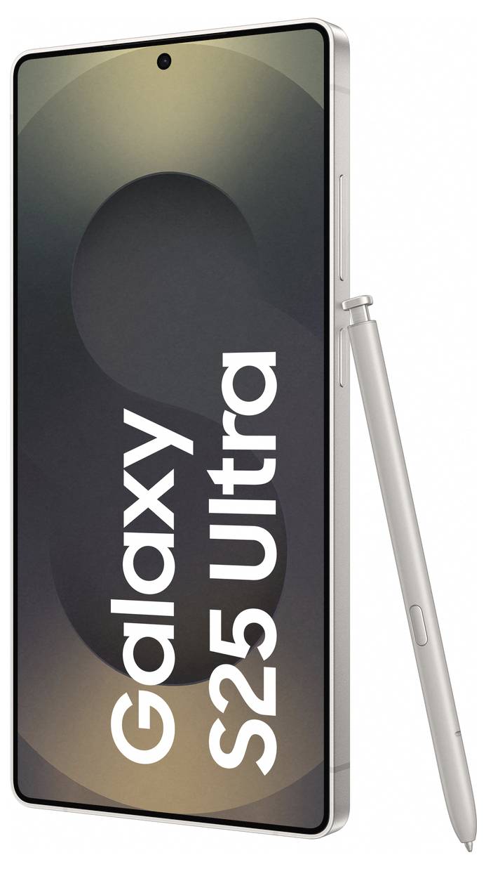 Smartfon, oznaczony jako 'Galaxy S25 Ultra', stoi w pozycji pionowej z dołączonym, srebrnym rysikiem umieszczonym po prawej stronie.