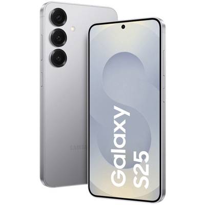 Smartfon 'Galaxy S25' w kolorze srebrnym z trzema aparatami z tyłu. Wyświetlacz pokazuje 'Galaxy S25' na abstrakcyjnym tle.