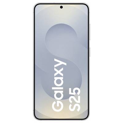 Smartfon z dużym ekranem, gładką obudową i napisem 'Galaxy S25' wyświetlonym wielkimi literami na wyświetlaczu.