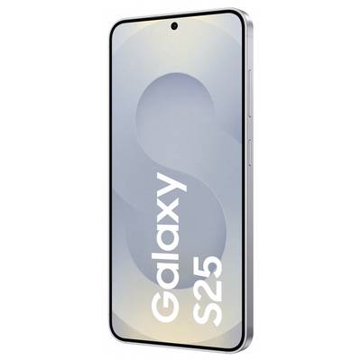 Obraz przedstawia smartfon z przodu. Na ekranie widnieje napis 'Galaxy S25'. Urządzenie posiada wąską ramkę, a obiektyw aparatu znajduje się na środku górnej krawędzi.