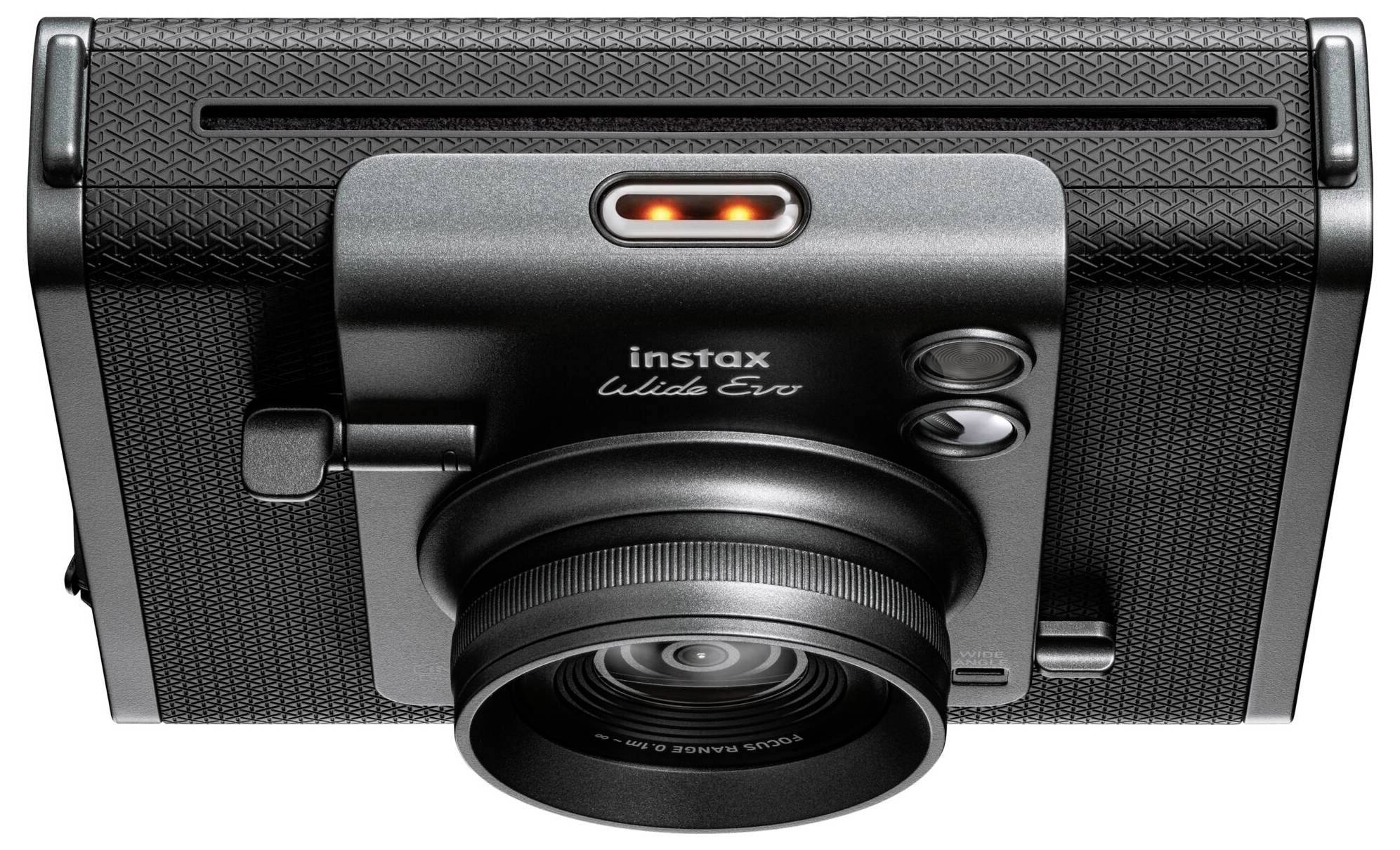 Aparat natychmiastowy z szerokim obiektywem i dwoma przyciskami, oznaczony jako 'instax wide evo'. Działa w trybie fotografii analogowej.