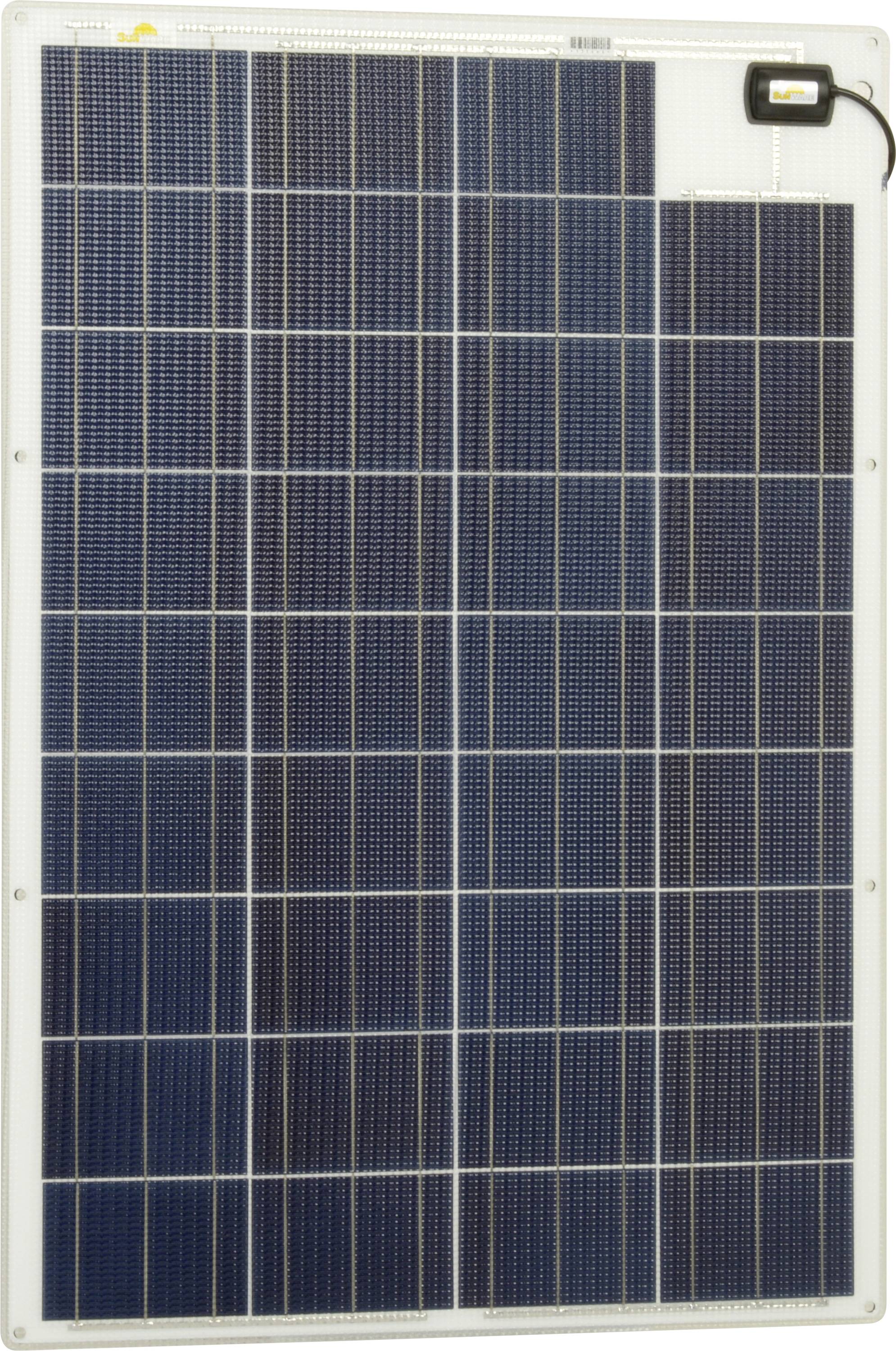 Moduł solarny z prostokątnymi komórkami krzemowymi w kolorze niebiesko-czarnym, ułożonymi w siatce. W górnym prawym rogu znajduje się puszka przyłączeniowa.