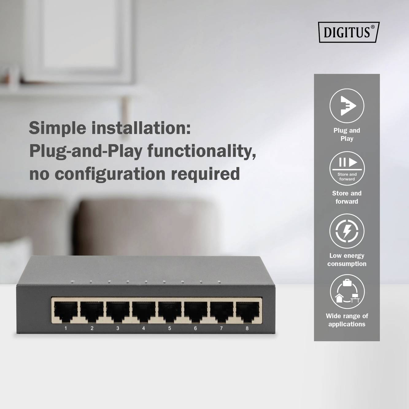 Czarny 8-portowy switch sieciowy na stole z napisem: 'Prosta instalacja, plug-and-play, bez konieczności konfiguracji'.