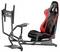 Czarny i czerwony fotel gamingowy ze stabilną metalową ramą do kierownicy i pedałów, odpowiedni do gier wyścigowych.