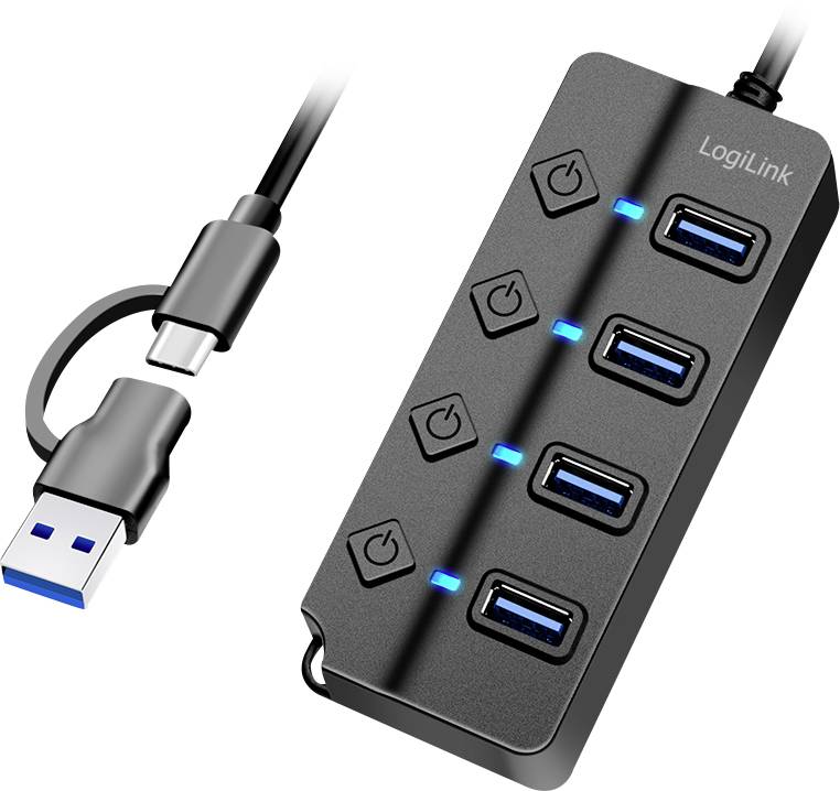USB-хаб LogiLink UA0419, 4 порти USB-A, USB 3.2 Gen1, 5 Гбіт/с, з штекером USB-C, чорний, UA0419