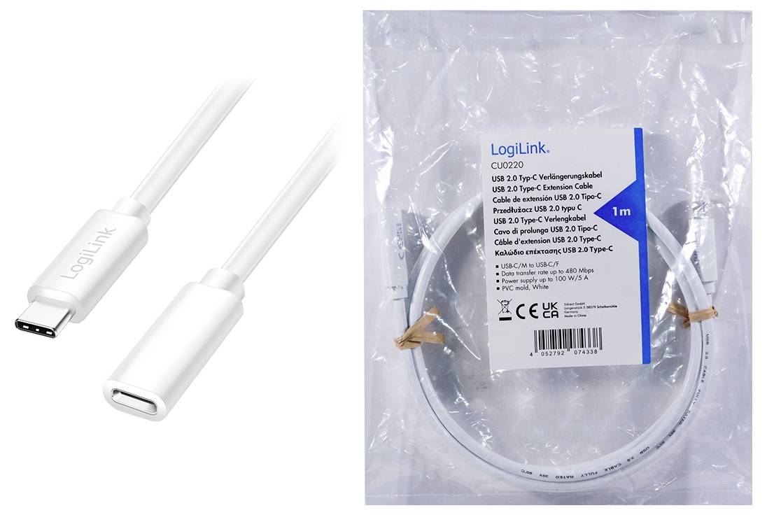 Białe przewód USB-C do USB-C firmy LogiLink, długości 1 metra, w plastikowym opakowaniu, przeznaczony do szybkiego przesyłania danych i ładowania.