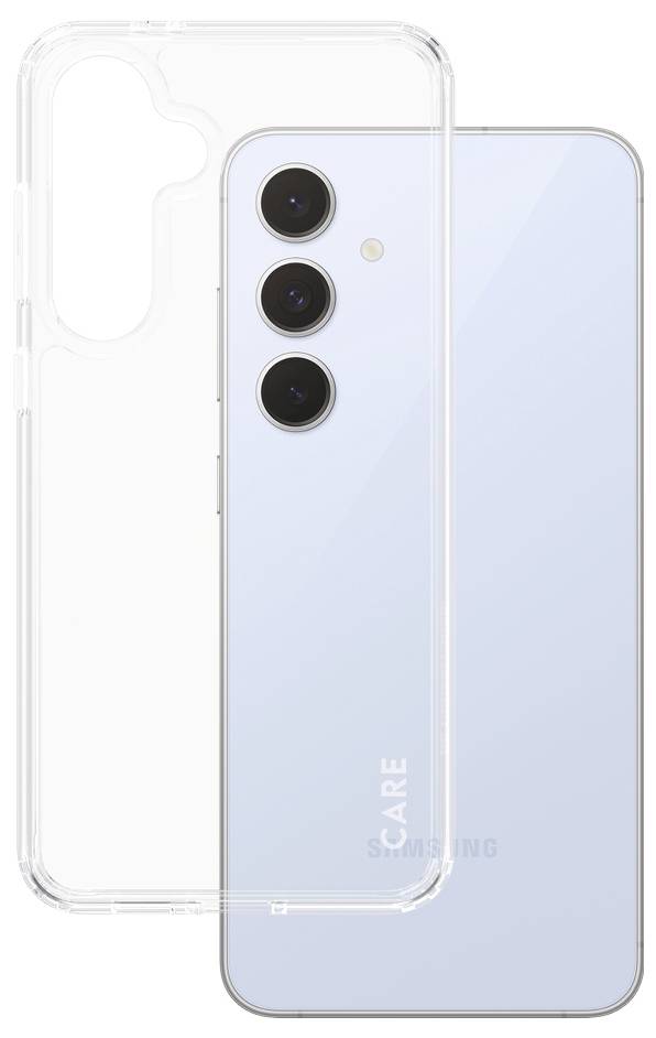 Smartfon z przezroczystą obudową. Z tyłu widać trzy obiektywy aparatu. Projekt jest prosty, w jasnoniebieskim odcieniu.