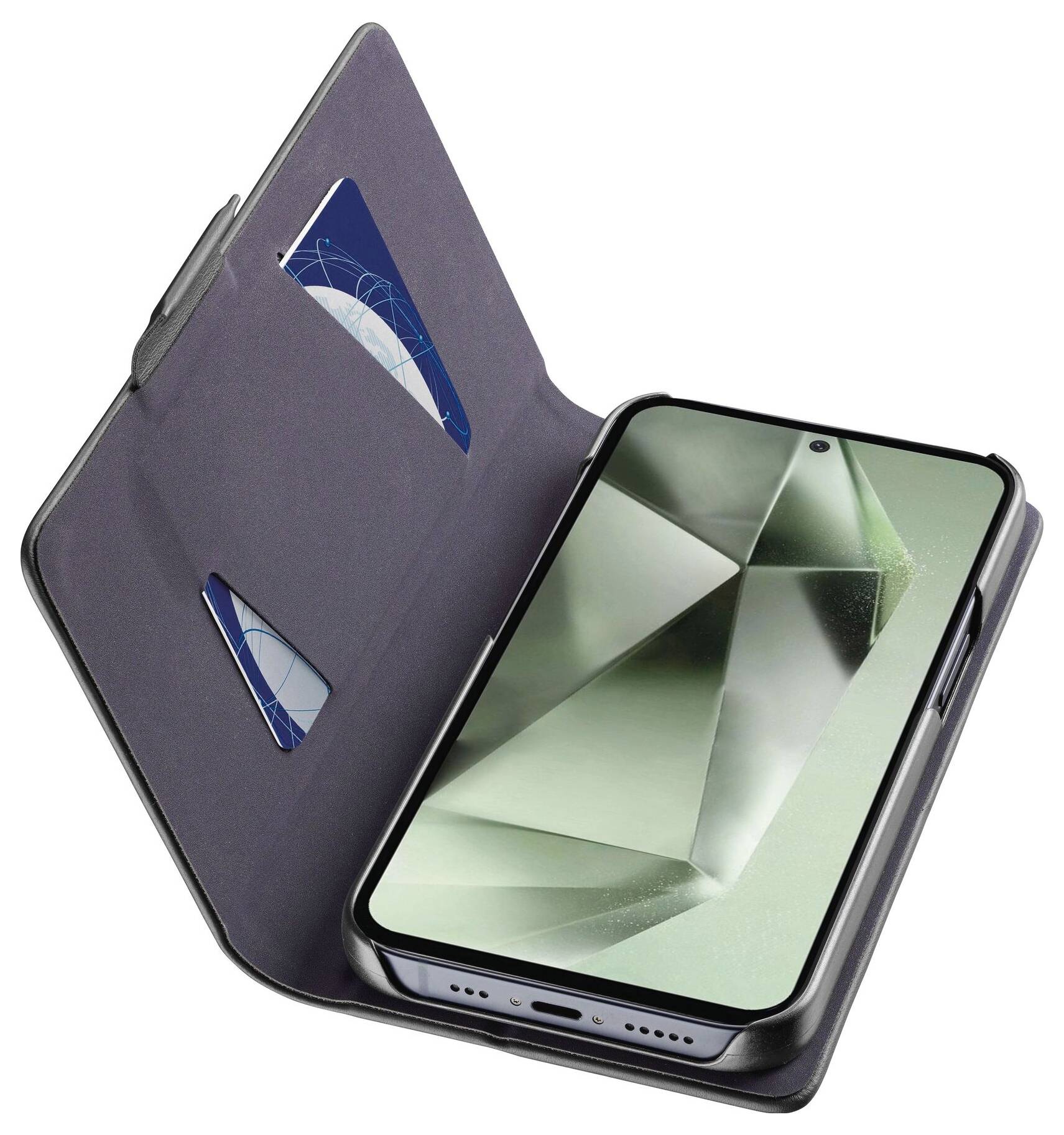 Smartfon w składanym etui z dwoma kieszeniami na karty, ustawiony na płaskiej powierzchni.