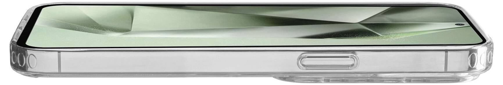 Nowoczesny smartfon z srebrną ramką i zielonym ekranem leży na boku.