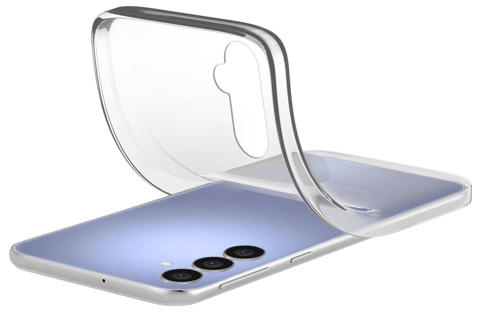 Smartfon z błyszczącą obudową leży częściowo w przezroczystej, elastycznej osłonie, która pozwala widać jego design.