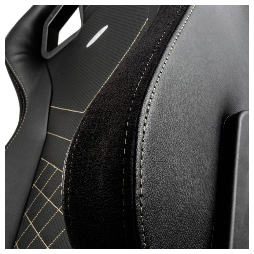 Ergonomiczny czarny fotel wyścigowy ze złotym Swiss'em i wzorem w kratę na oparciu, odpowiedni do samochodów lub sprzętu gamingowego.
