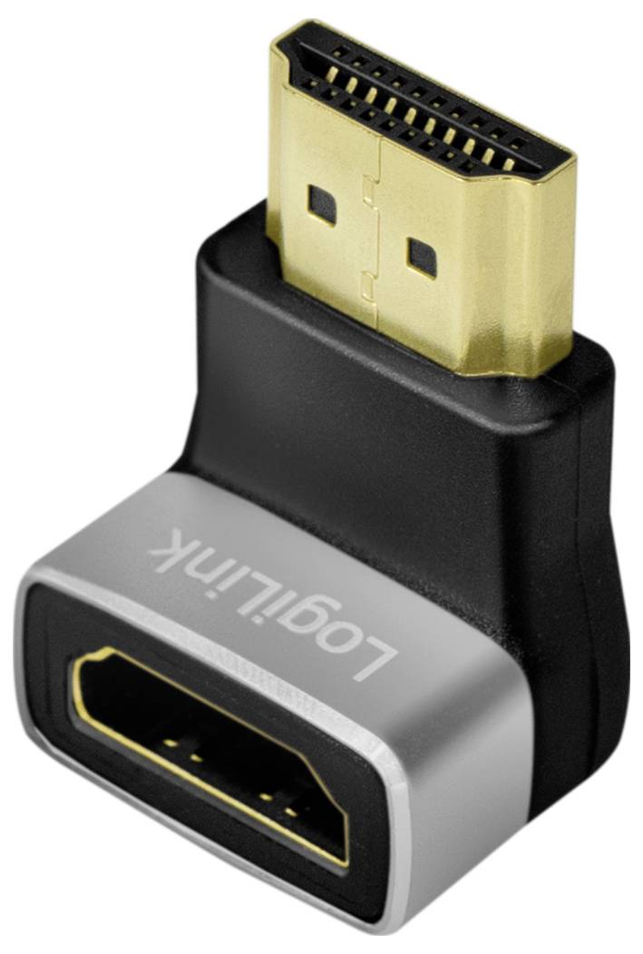 Czarny adapter HDMI firmy LogiLink o prostokątnej budowie z złoconymi złączami, przeznaczony do łączenia kabli HDMI.
