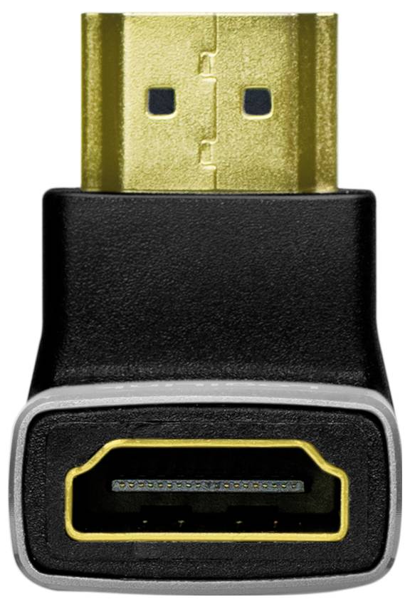 Czarny adapter HDMI ze złotym złączem. Adapter umożliwia podłączenie kabli HDMI do urządzeń.